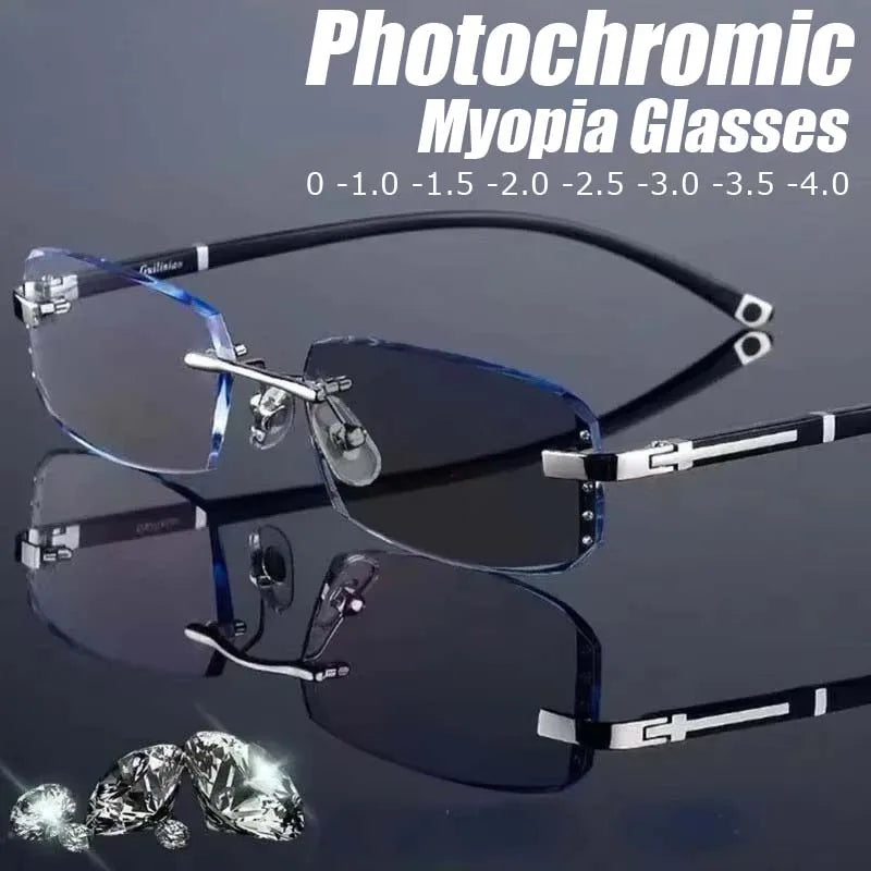 Business Photochromic Myopia Glasses for Men Diamond Cut Rimless UV400 Luxury Eyeglasses Color Changing Diopters -1.0 To -4.0