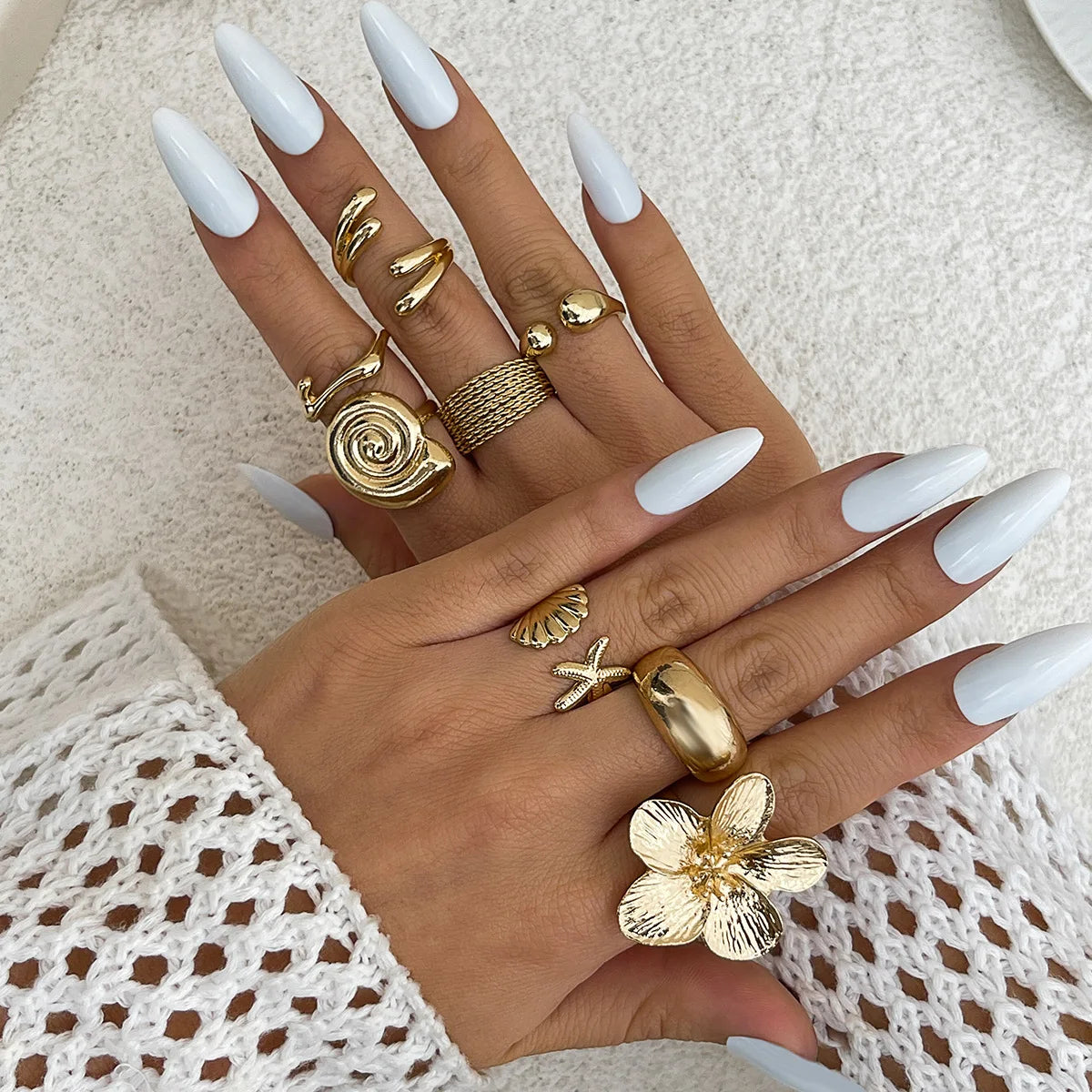 DIEZI One Set Vacation Beach Style Flower Starfish Knuckle Rings For Women Bohemian Vintage Gold Silver Color Open Joint Ring
