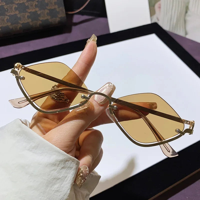 Metal Women Simple Trend Sunglasses Men 2025 New Half Frame Diamond Shaped Sunglasses Dopamine Small Frame Outdoor Sunglasses