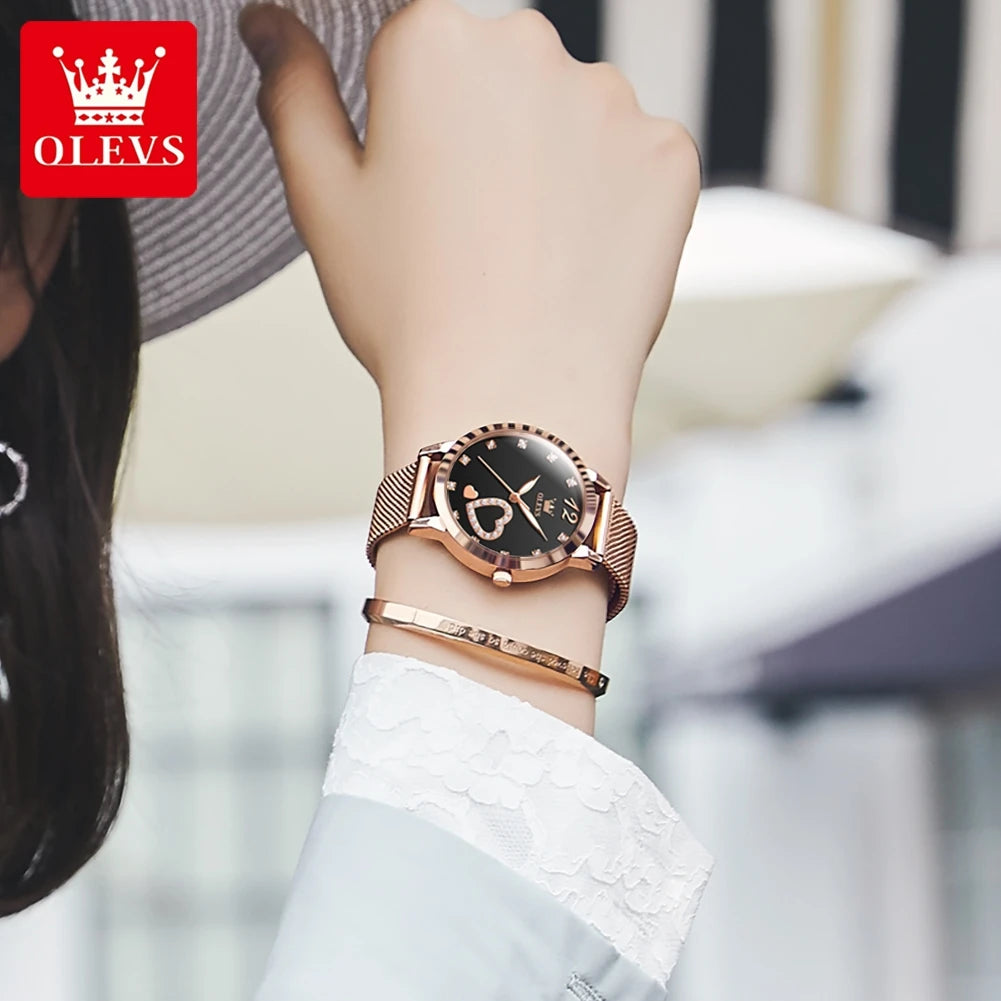 OLEVS 5189 Women's Watch Quartz Wristwatch Casual Fashion Watch for Ladies Waterproof Luminous Mesh Belt Love Dial Zircon Scale