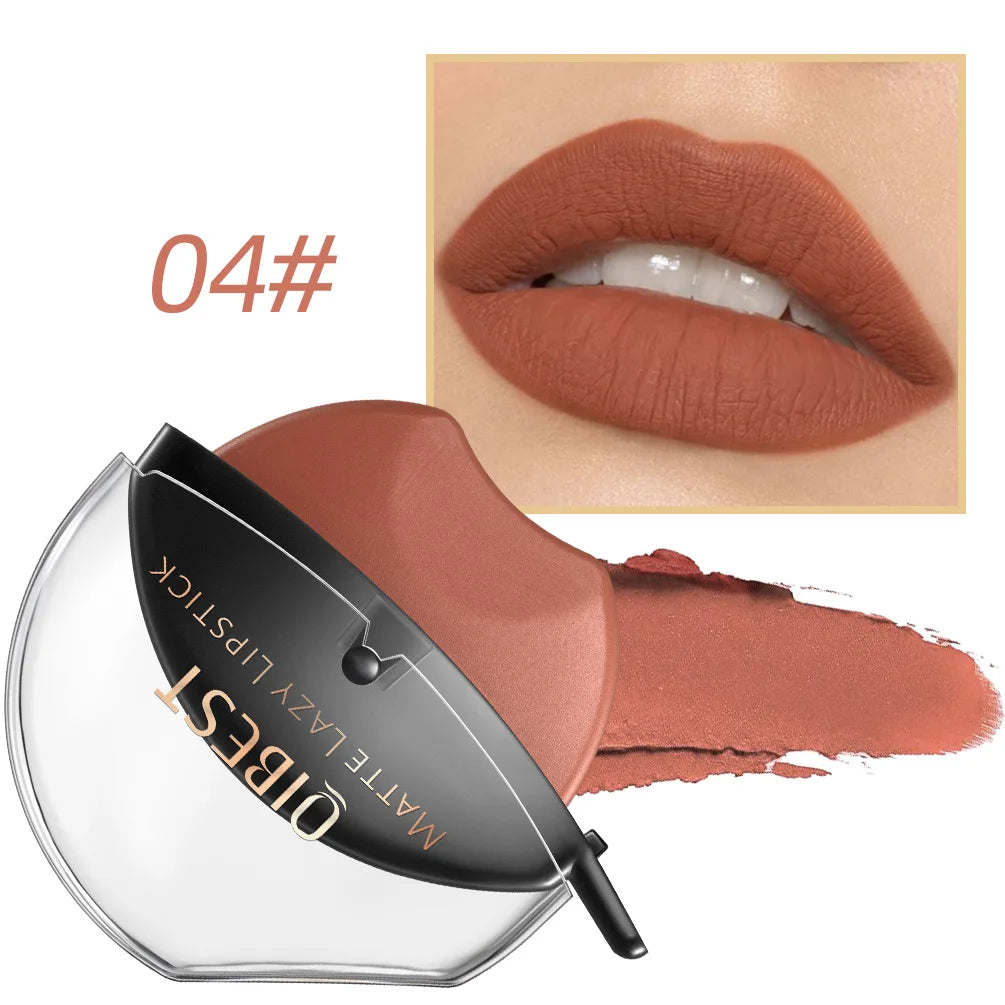 QIBEST Lip-shaped Lipstick Makeup Lazy Lipstick Velvet Matte Moisturizing Lip Gloss Waterproof Non-stick Cup Long Lasting Makeup