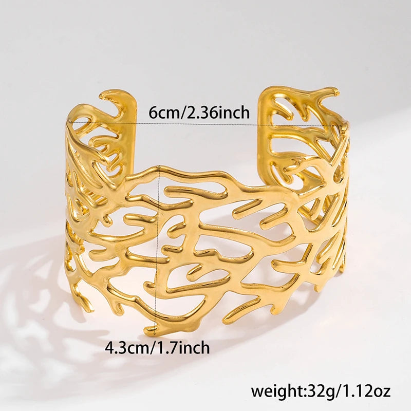 Trendy Stainless Steel Tree Branch Geometric Wide Open Bracelet Bangle Women Gold Silver Color Big Personality Punk Cuff Jewelry