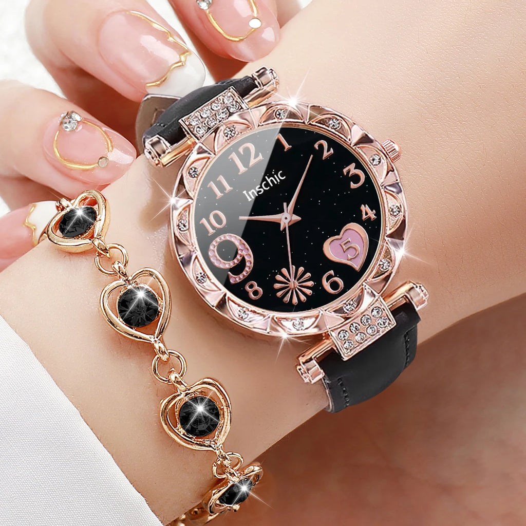 6PCS Women's Watch Fashion Heart Dial Leather Band Quartz Watches Rhinestone Jewelry Set（Without Box）