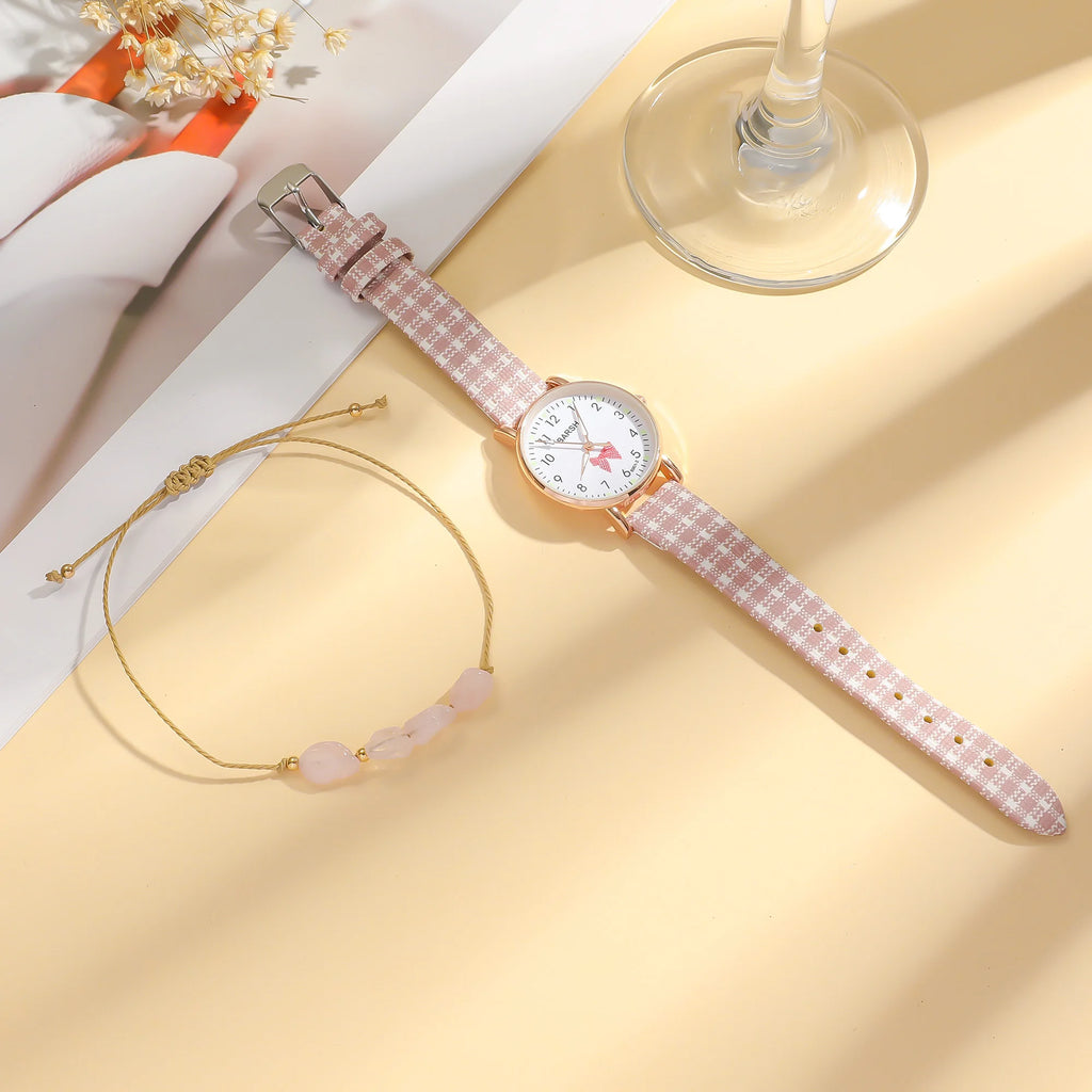 No gift box; cute pink girl's watch and bracelet set; suitable for festivals and birthdays as a gift.