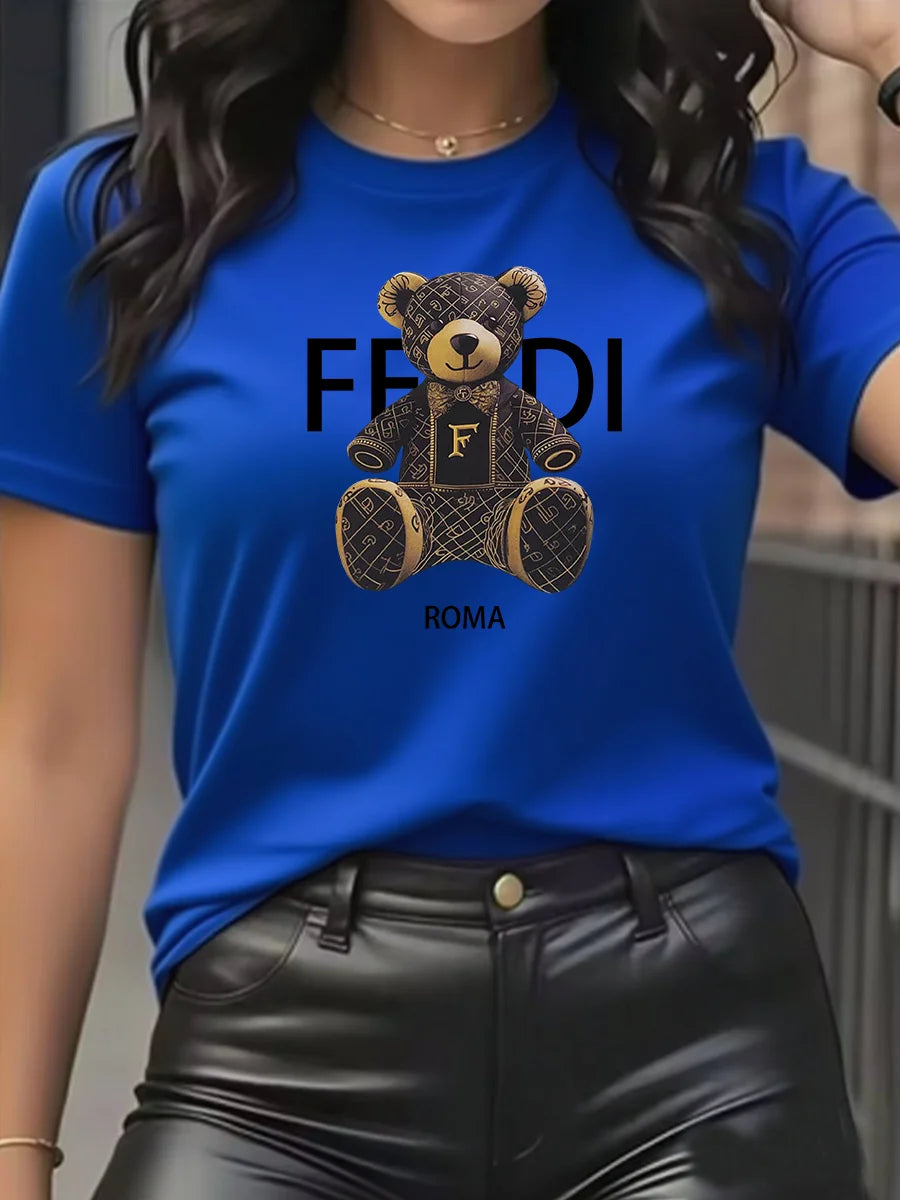 summer Graphic T-Shirt Short Sleeve Crew Neck with Soft Comfortable Spring Women's Light Blue Casual Teddy Bear