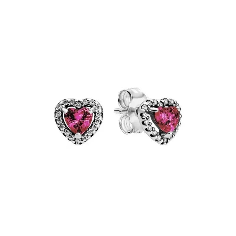 New 925 sterling silver heart-shaped earrings, rings, necklaces, pink red rainbow luxury set, sparkling charm jewelry,  gifts