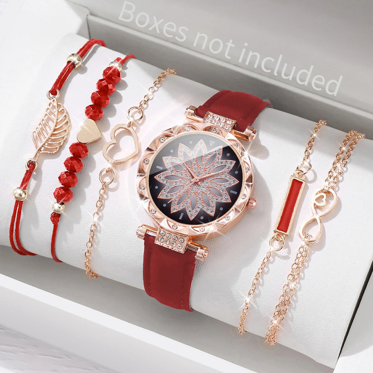 6PCS/Set Women's Watch Fashion Roma Heart Dial Leather Band Quartz Watches Leaf Bracelets Set(Without Box)