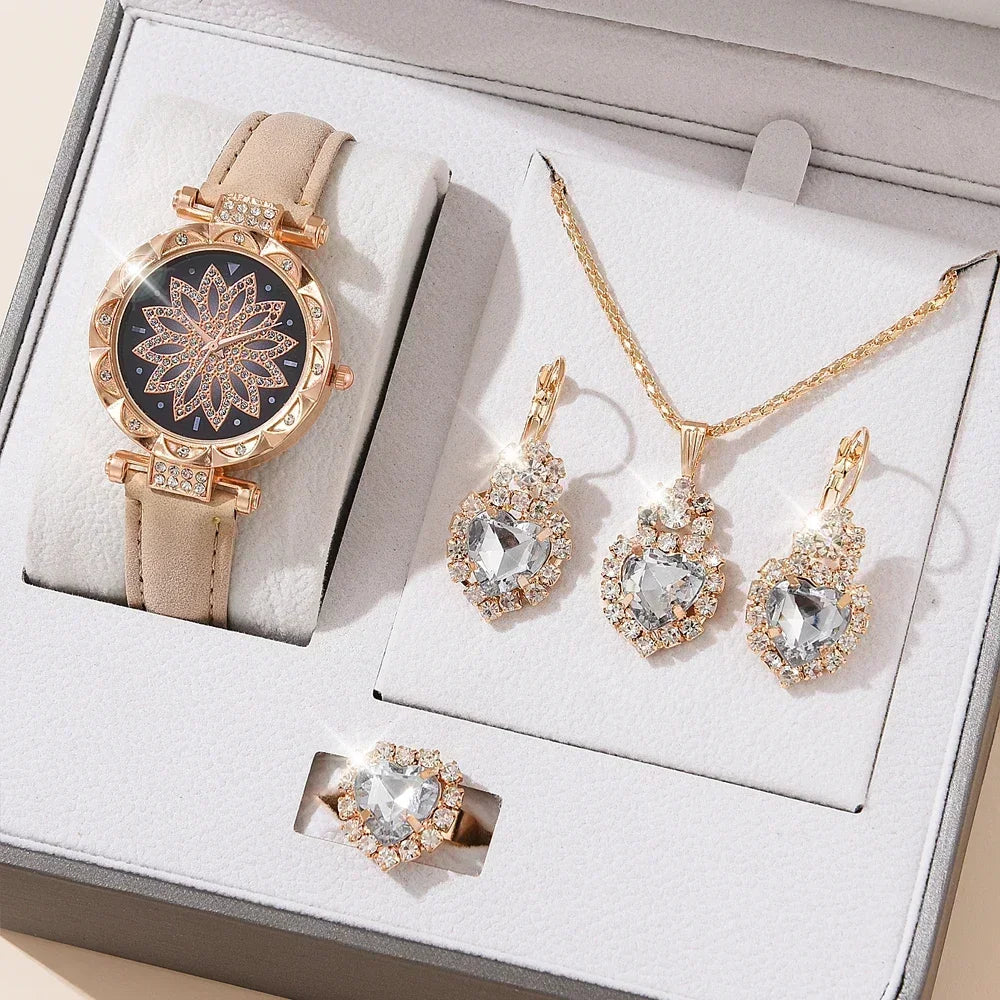 5/6PCS Set Rose Gold Luxury Watch Women Ring Necklace Earring Rhinestone Fashion Wristwatch Casual Ladies Bracelet( No Box)