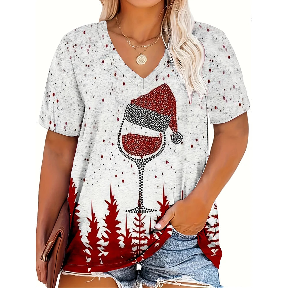 Christmas womens cartoon Santa Claus printed tops Christmas T-shirt short sleeved V-neck casual party outfit oversized women top