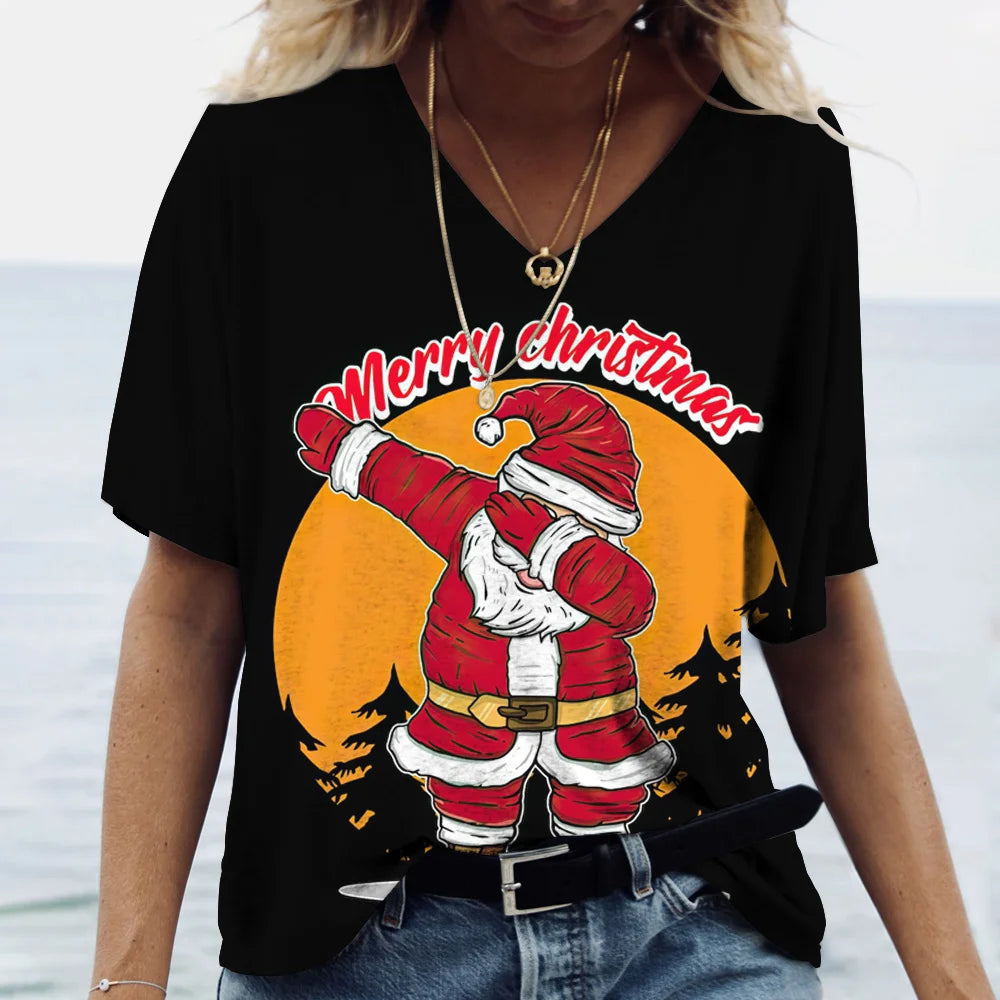 Merry Christmas Women's Short sleeved V-neck T-shirt Christmas Tree Santa Claus Letter Print Simple Trendy Trend Women Clothing