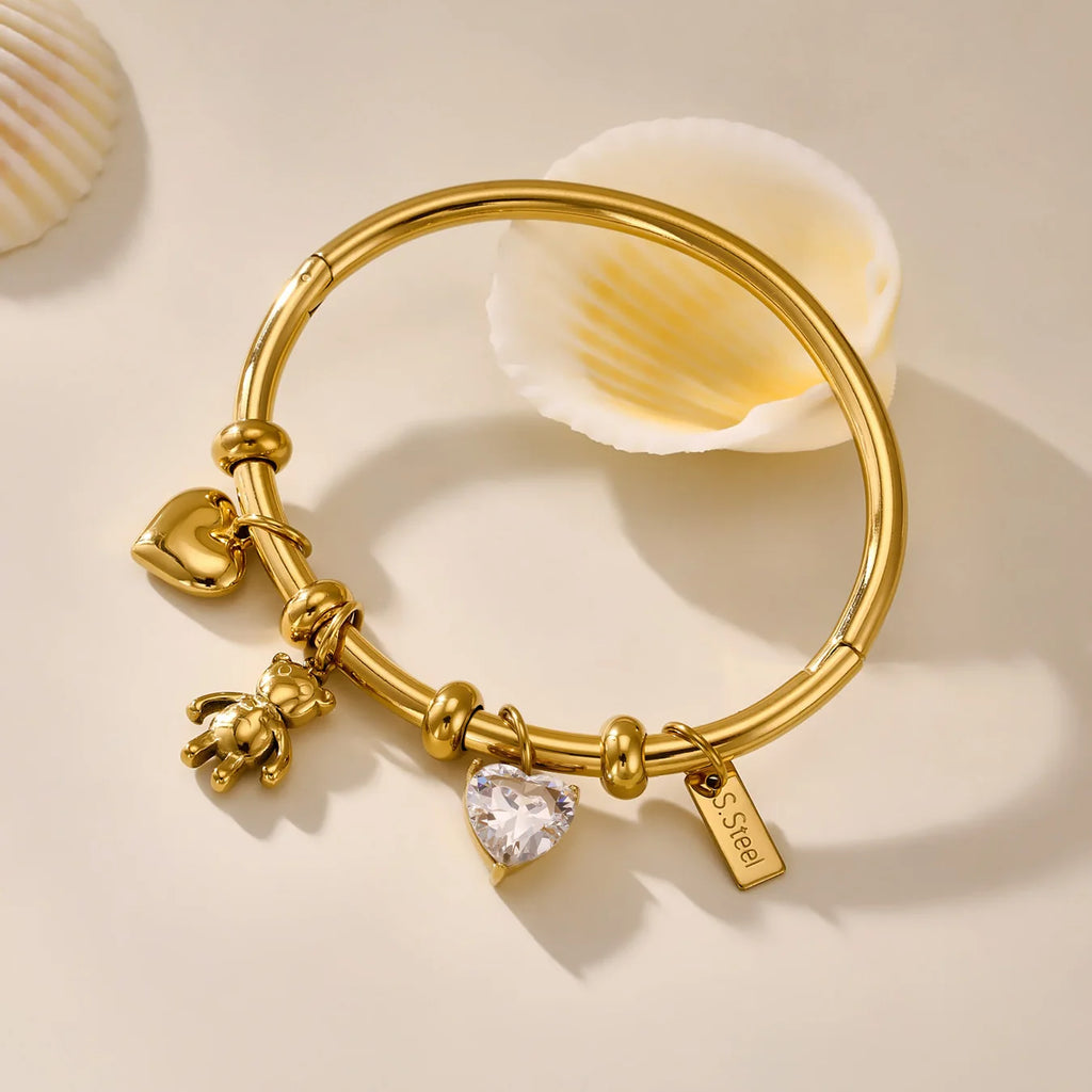 Nivora Stainless Steel Little Bear Heart Zircon Elephant Drop Pendant Bangles For Women Wrist Wedding Fashion Bracelets Jewelry