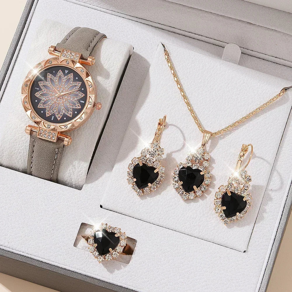 5/6PCS Set Rose Gold Luxury Watch Women Ring Necklace Earring Rhinestone Fashion Wristwatch Casual Ladies Bracelet( No Box)