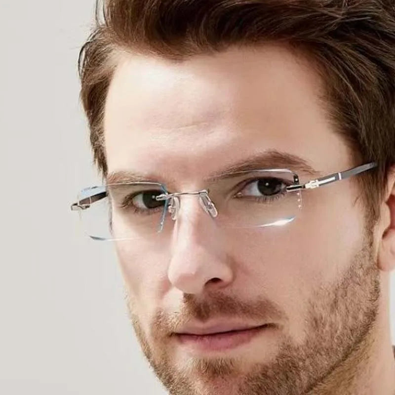 Business Photochromic Myopia Glasses for Men Diamond Cut Rimless UV400 Luxury Eyeglasses Color Changing Diopters -1.0 To -4.0