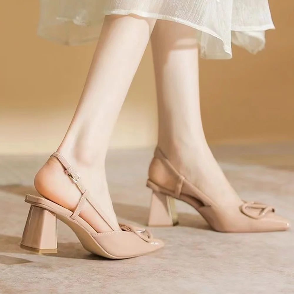 Fashion Solid Thin Heels Sandals for Women New Hot Sale Summer Casual Med Heel Ladies Shoes One-line Buckle Women's Sandals