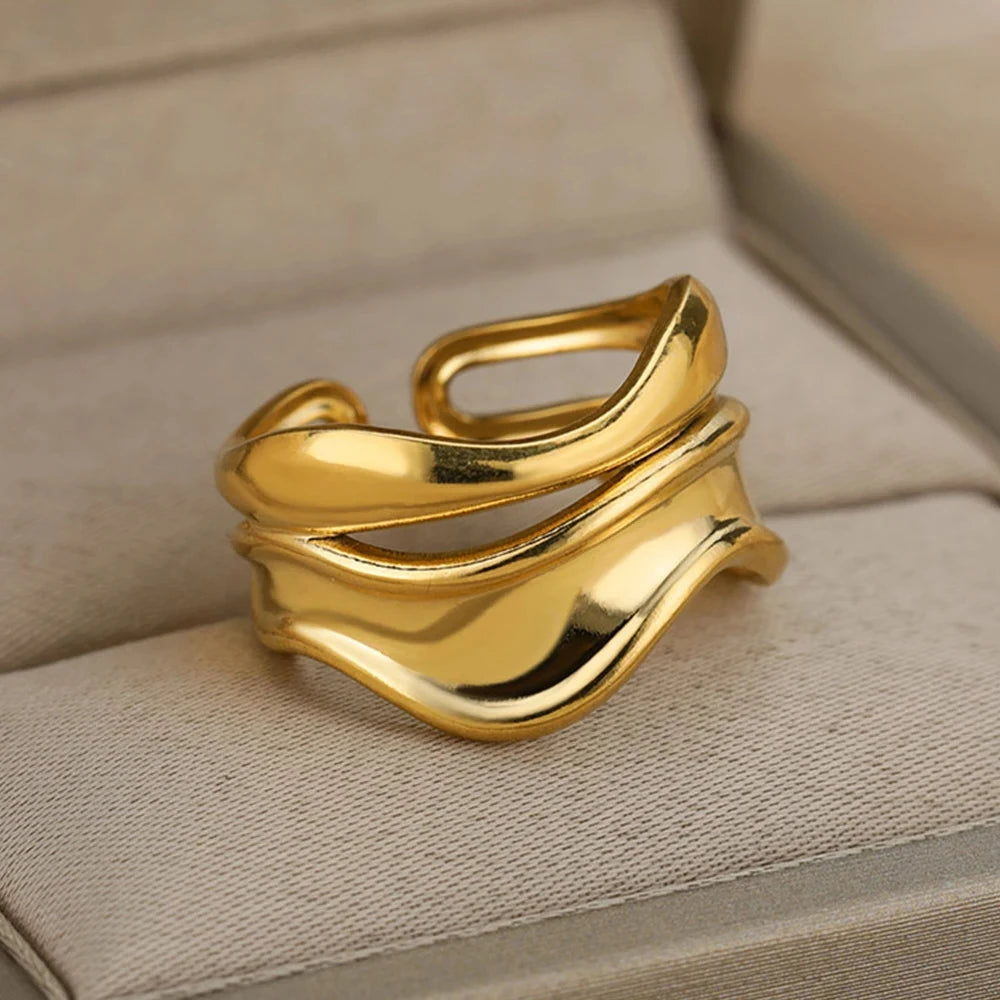 Stainless Steel Chunky Wide Rings For Women Vintage Gold Color Geometric Open Finger Ring Fashion Minimalist Jewelry Gift Femme