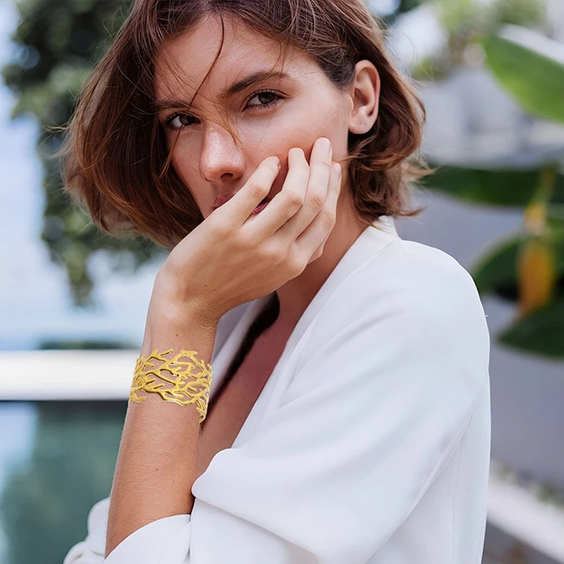 Trendy Stainless Steel Tree Branch Geometric Wide Open Bracelet Bangle Women Gold Silver Color Big Personality Punk Cuff Jewelry