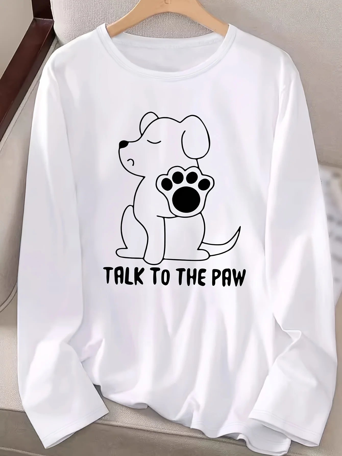 Women's Spring and Autumn 100% Cotton Fashion Casual Loose Fun Dog Pattern Printed Round Neck Long Sleeve T-shirt Top