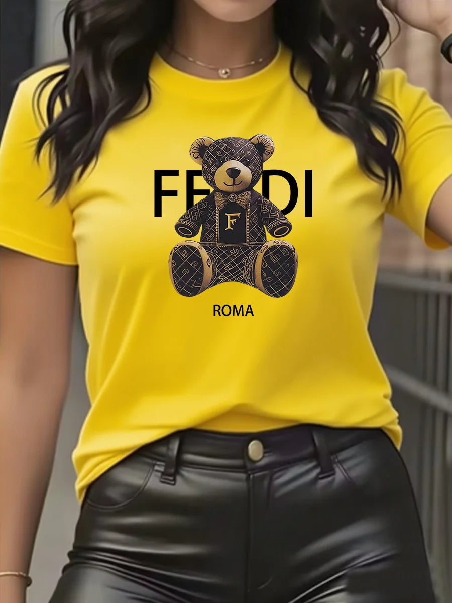 summer Graphic T-Shirt Short Sleeve Crew Neck with Soft Comfortable Spring Women's Light Blue Casual Teddy Bear