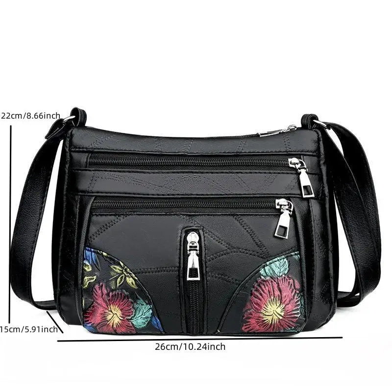 Black Shoulder Crossbody Bags Large Capacity Simple Middle-aged Women's Bag Casual Soft Flower Embroidery Bags