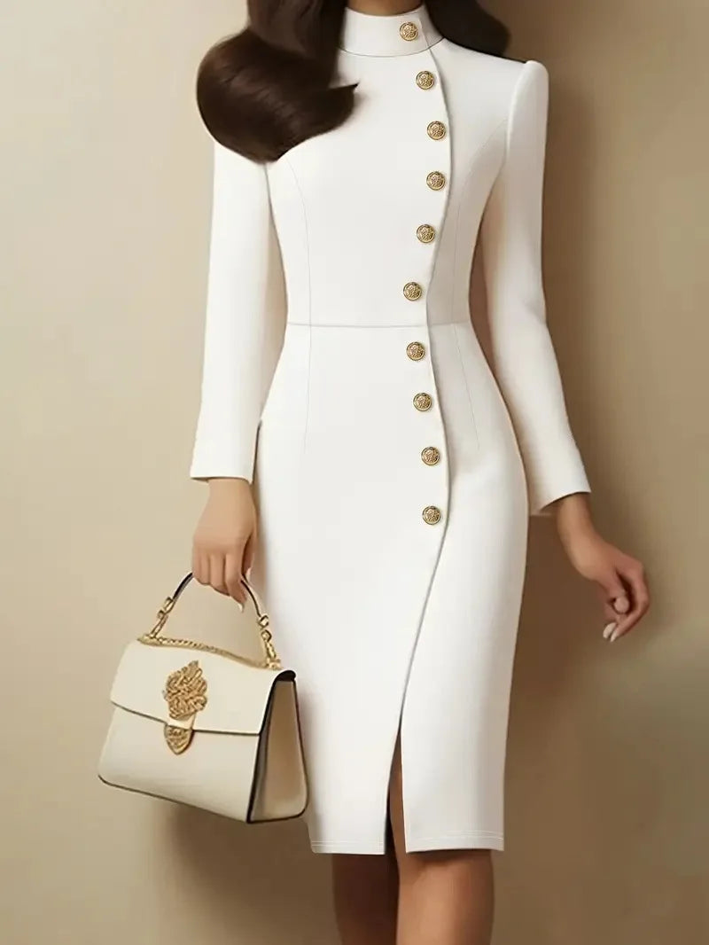 elegant long sleeve bodycon midi dress women 2025 fall winter button slim dresses casual