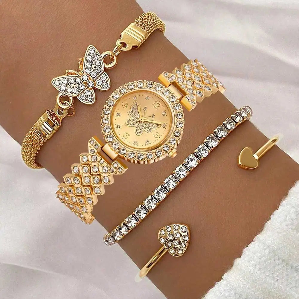 4PCS Golden Butterfly Element Trendy Fashion Luxury Women's Quartz Watch Bracelet Set Suitable for Daily Clothing Matching