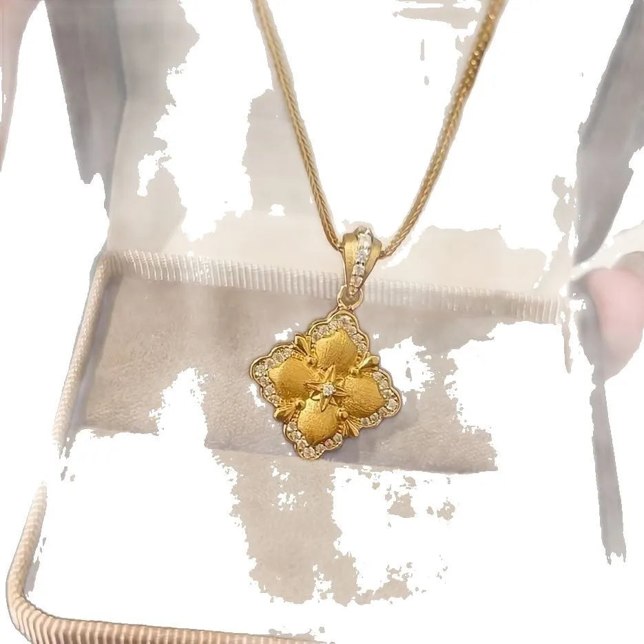 Luxury 24K real gold necklace Italian brushed craft au9999 gold retro palace Buqi style autumn and winter collarbone chain