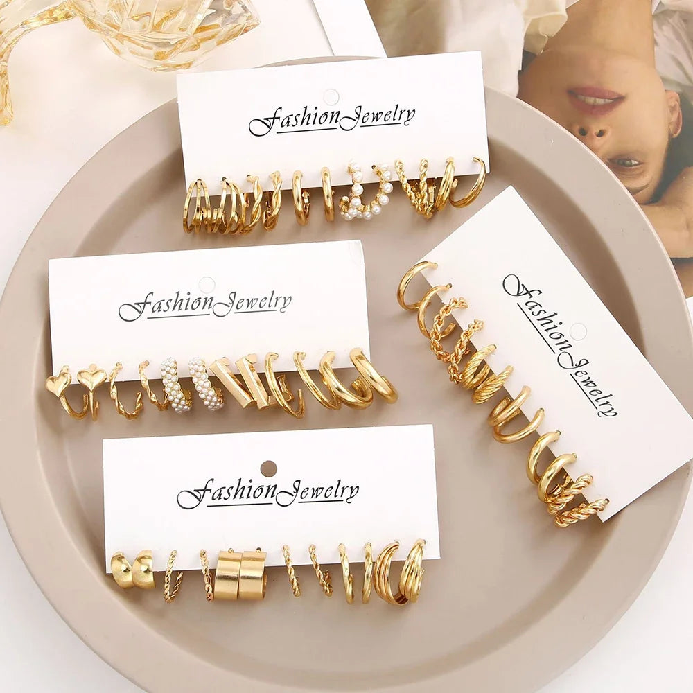 Boho Big Circle Hoop Earring Set for Women, Gold Color Bohemia Vintage Pearl Earring, Heart Zircon Ear Studs Jewelry Gifts