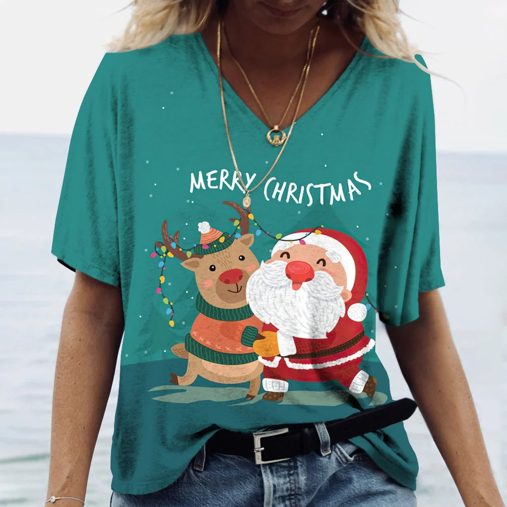 Merry Christmas Women's Short sleeved V-neck T-shirt Christmas Tree Santa Claus Letter Print Simple Trendy Trend Women Clothing
