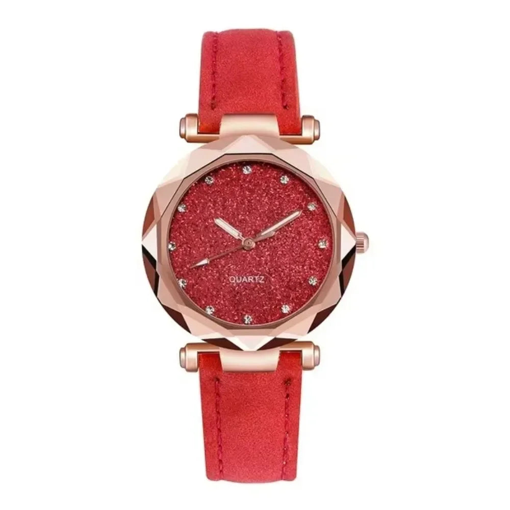 Women's Quartz Watch with Leather Strap Frosted Dial Diamond Starry Design for Elegant Gifting and Daily Use