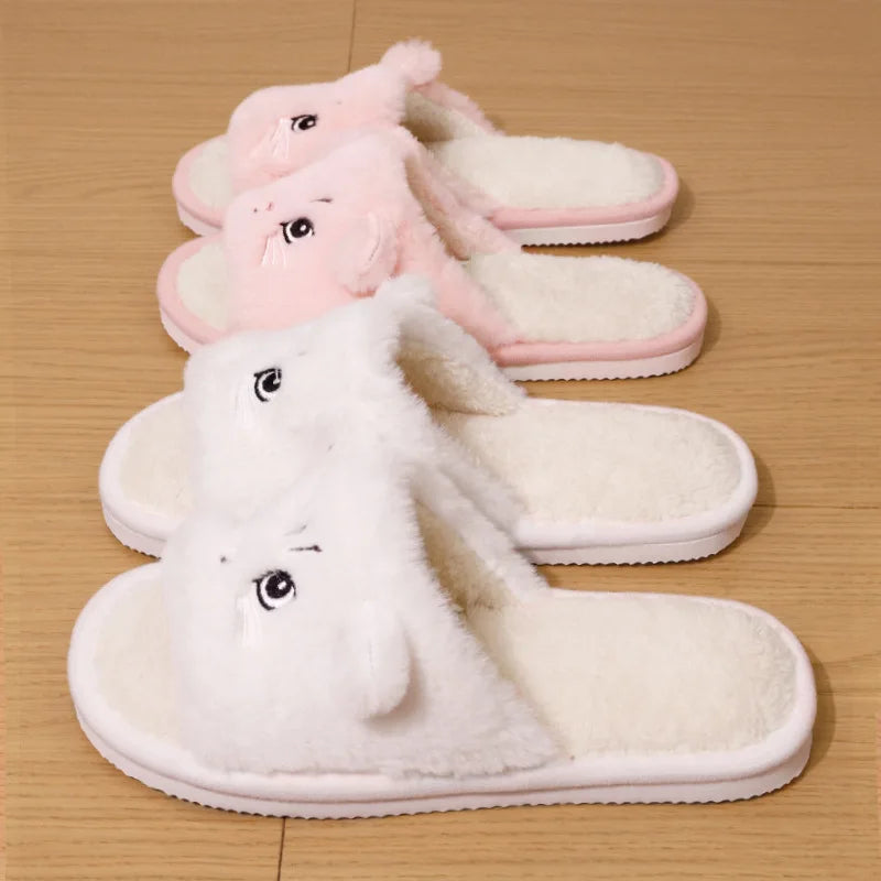 Cute Cartoon Cat Home Slippers for Women Open Toe Non Slip Wave Sole Faux Fur Slides Woman Autumn Winter Plush Indoor Slippers