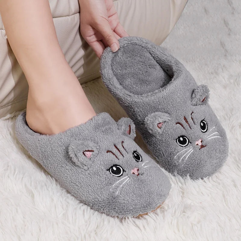 Winter Cute Cat Plush Slippers Women Indoor Comfortable Quiet Soft Sole Floor Slides Couples Winter Warm Fuzzy House Sandals