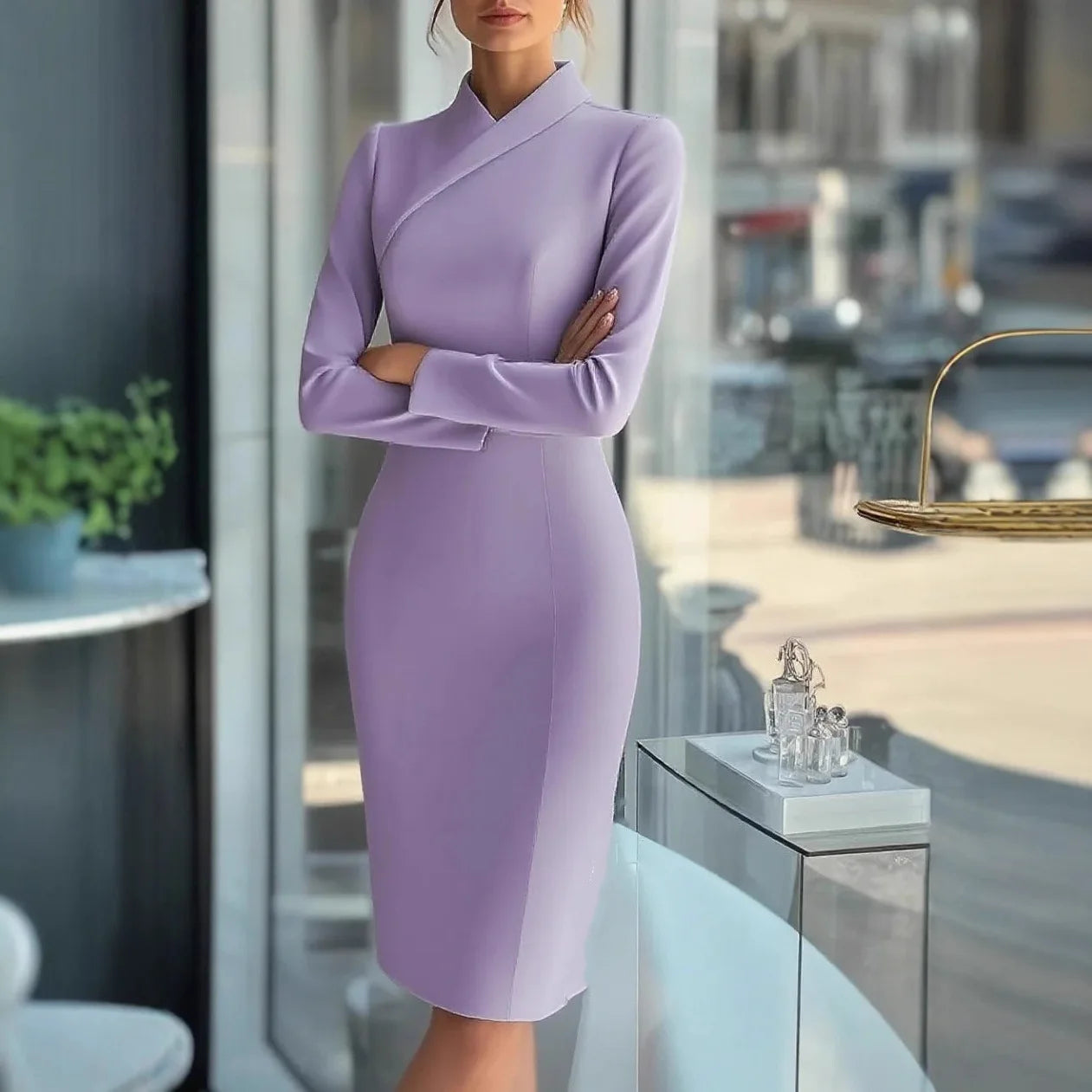 Office Lady Bodycon Midi Dresses For Women 2025 Fashion Solid Color Long Sleeve Slim Party Pencil Dress Elegant