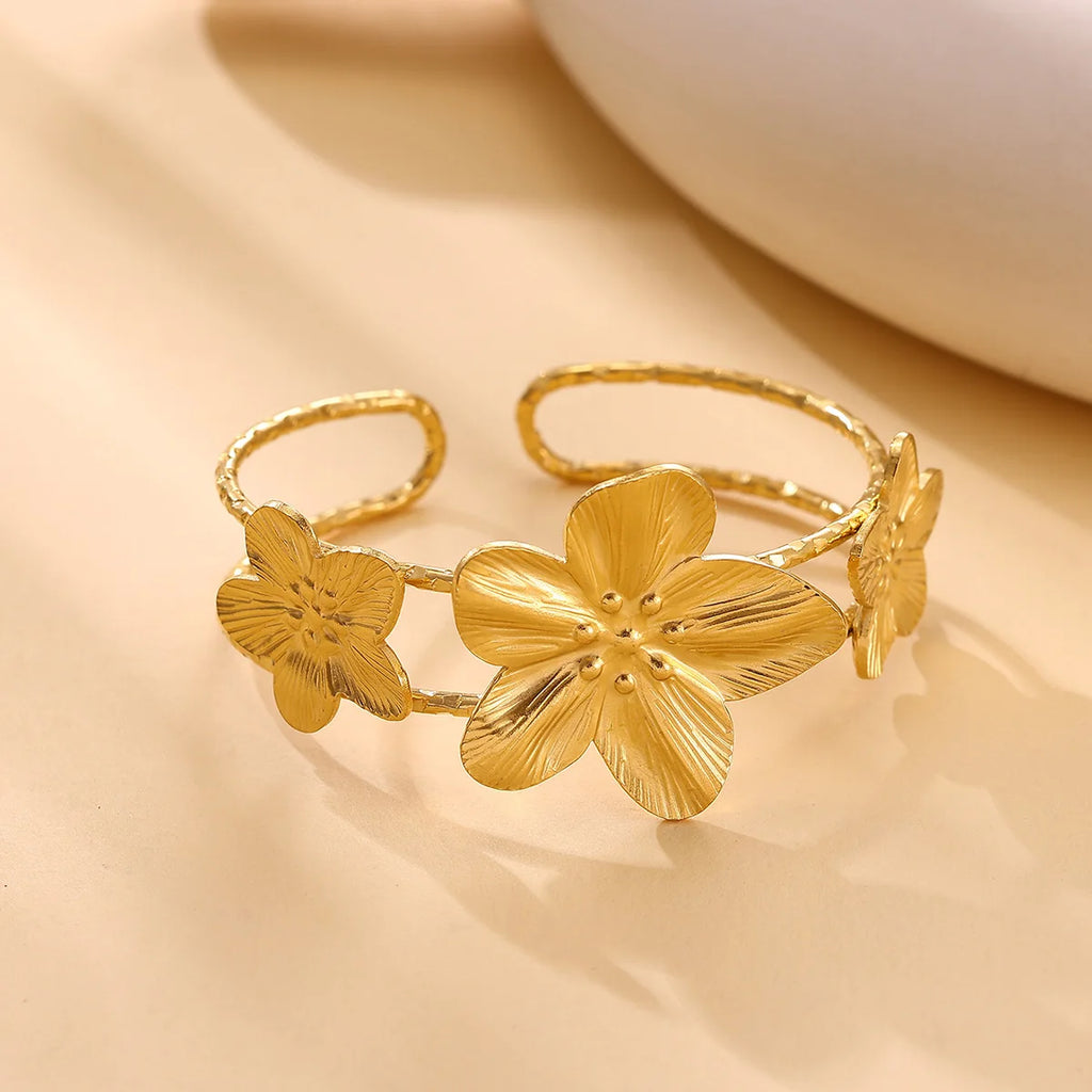 Chunky Adjust Double Layer Cuff Bracelet Women Punk 2025 Fashion Flower Sun Bangle Gold Color Stainless Steel Waterproof Jewelry