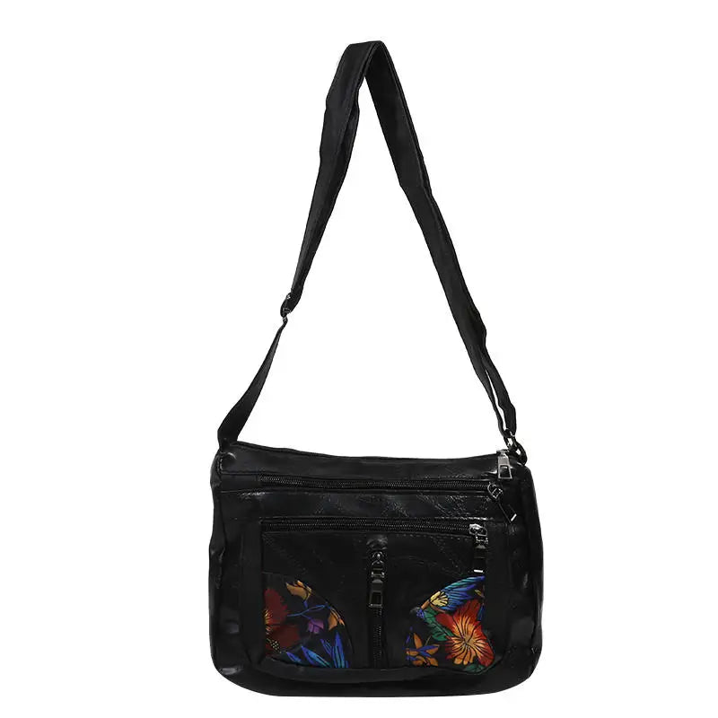 Black Shoulder Crossbody Bags Large Capacity Simple Middle-aged Women's Bag Casual Soft Flower Embroidery Bags