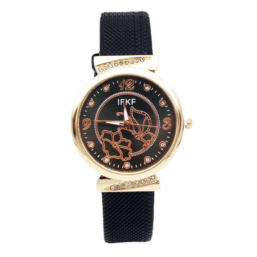 Elegant Rhinestone Butterfly Watch for Women Flower Quartz Crystal Dress Watch with Plaid Leather Strap Fashion Ladies Wristwatc