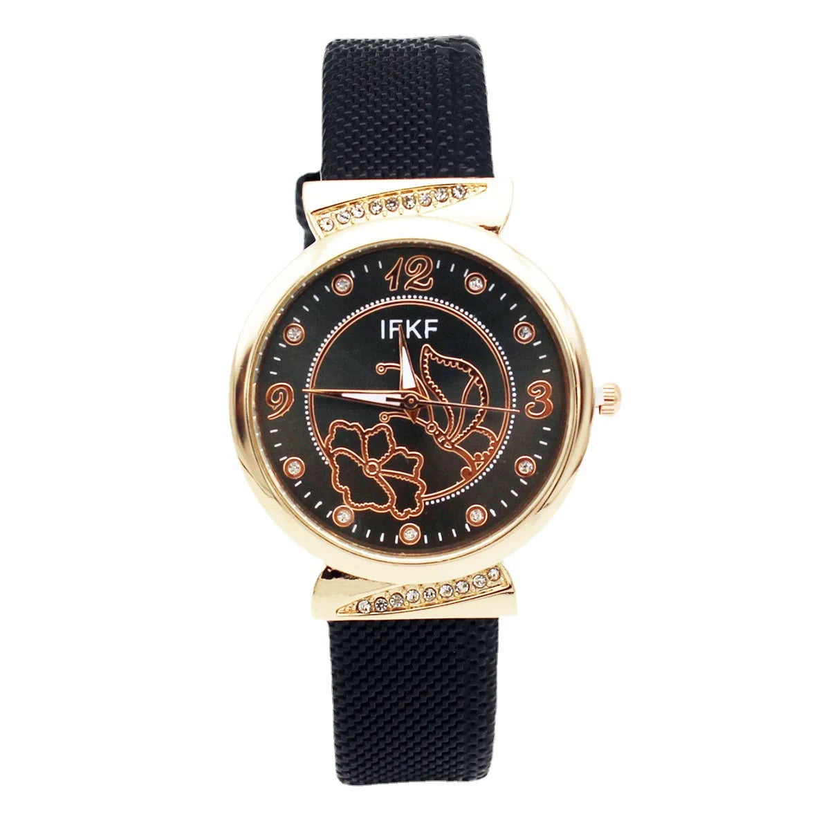 Elegant Rhinestone Butterfly Watch for Women Flower Quartz Crystal Dress Watch with Plaid Leather Strap Fashion Ladies Wristwatc