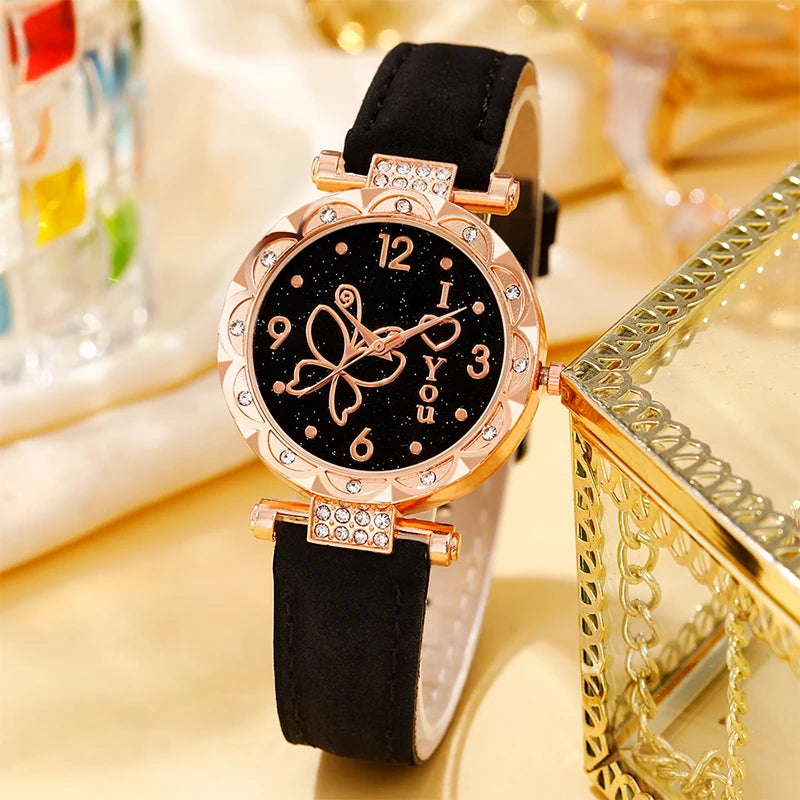 Women's watch with minimalist elements dialing quartz watch latex belt jewelry set for girls' gift