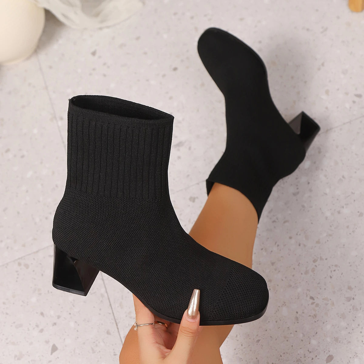 Women Boots Pointed Toe Slip on Mid-Calf Boots Spring Autumn Knitted Socks Boots Women High Heels Plus Size Fashion Shoes Women