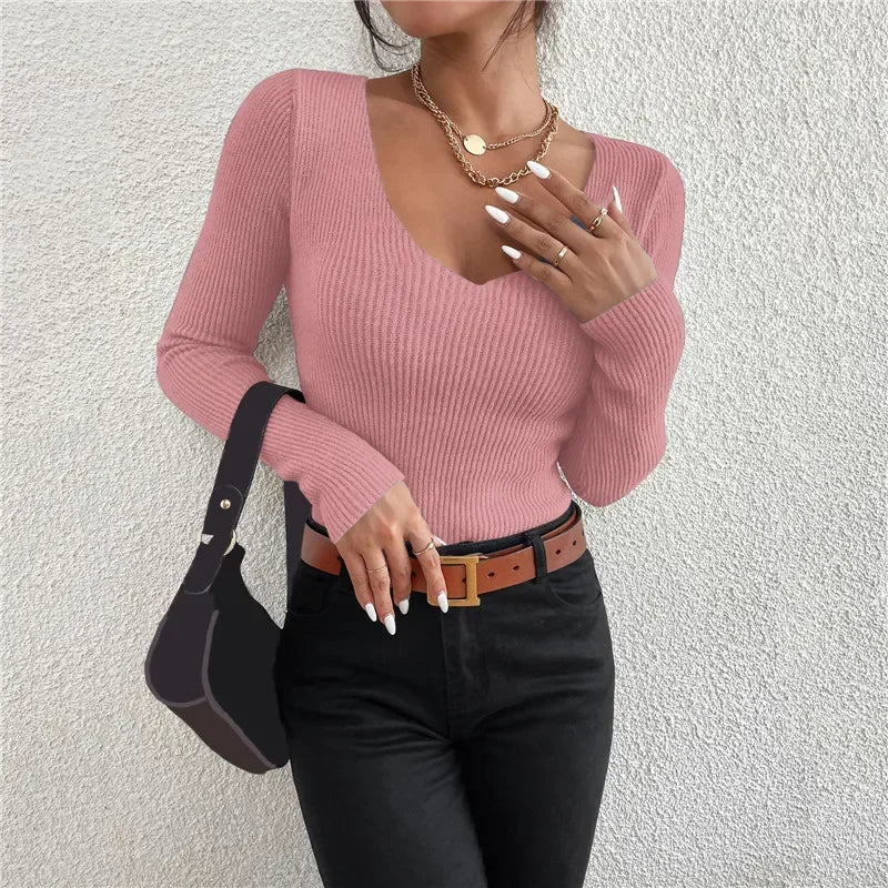 HELIAR 2024 Autumn Winter Women Solid Rib Knit V Neck Stripe Pull Sweater Femme Y2k Long Sleeve Pullover Jersey Tops Fashion