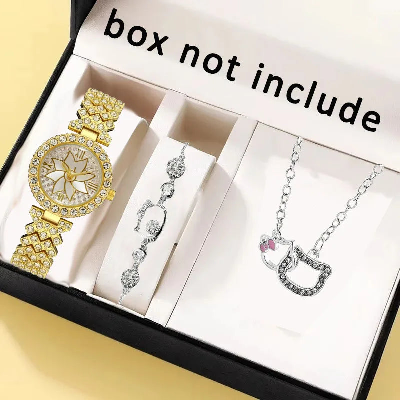 3 PCS/Set Sanrio Luxury Women Diamond Rhinestone Fashion Elegant Wristwatch Quartz Watch Hello Kitty necklace bracelet For Girl
