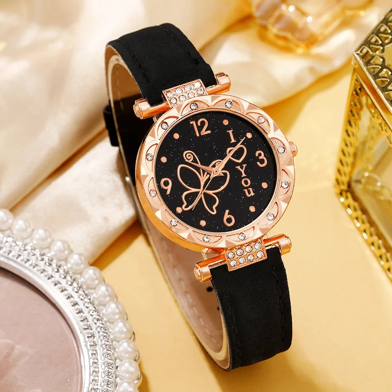 Women's watch with minimalist elements dialing quartz watch latex belt jewelry set for girls' gift