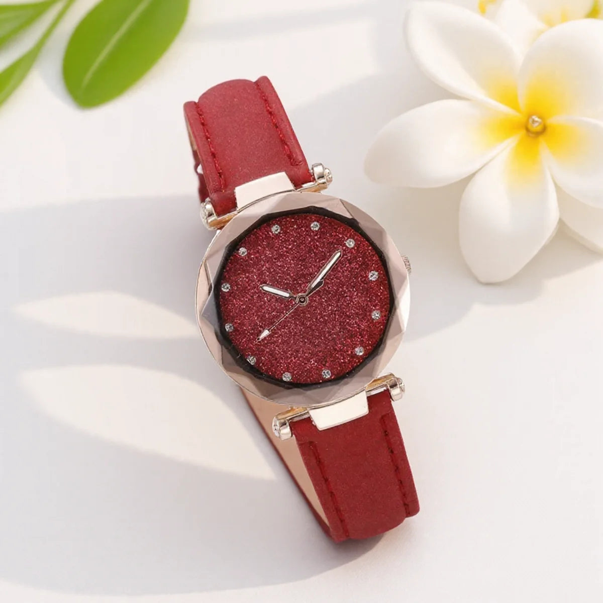 Women's Quartz Watch with Leather Strap Frosted Dial Diamond Starry Design for Elegant Gifting and Daily Use