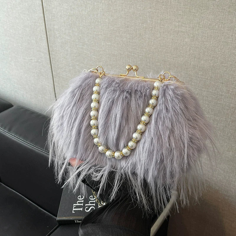 Luxury Faux Fur Evening Bag Fluffy Solid Color Shoulder Bag Large Capacity Pearl Handle Clutch Crossbody Bag For Women