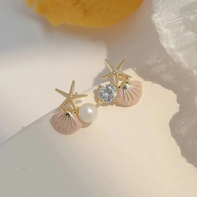 White Pink Shell Starfish Stud Earrings for Women Cute Asymmetric Imitation Pearl Rhinestones Beads Charms Small Ear Jewelry