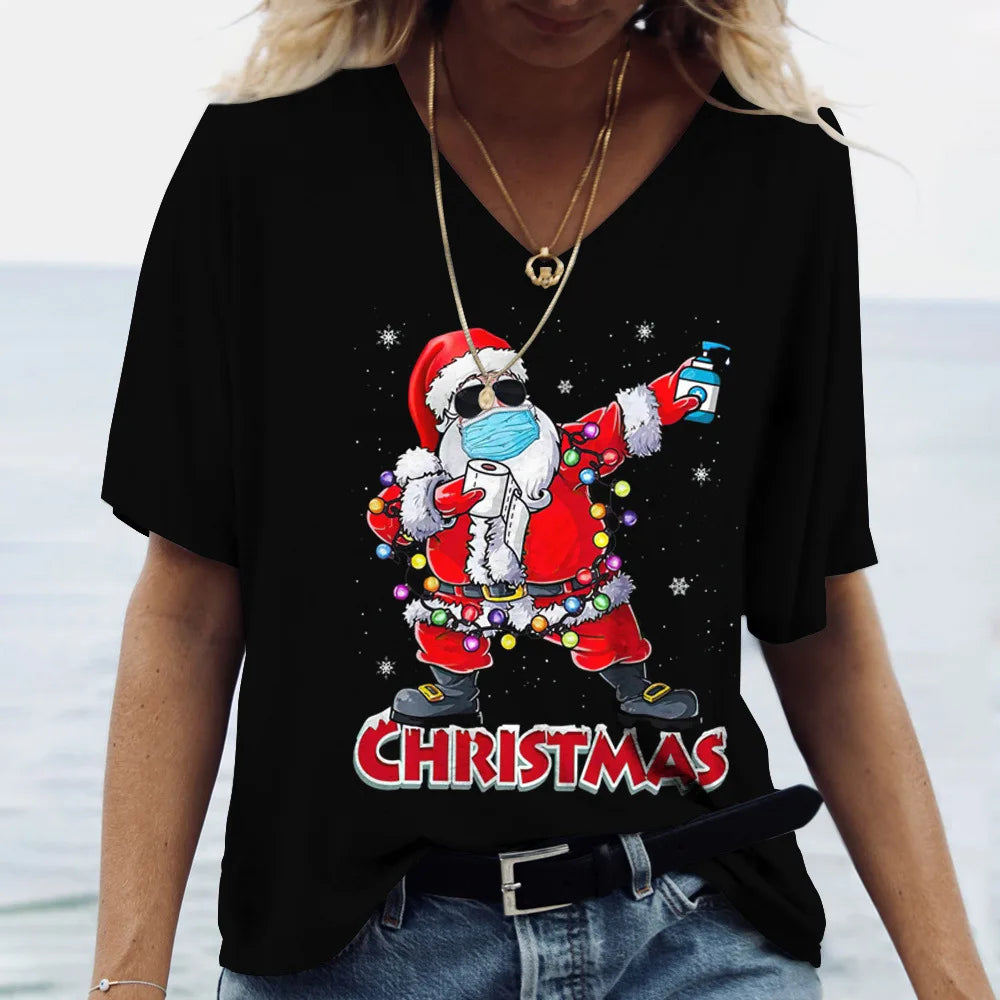 Merry Christmas Women's Short sleeved V-neck T-shirt Christmas Tree Santa Claus Letter Print Simple Trendy Trend Women Clothing