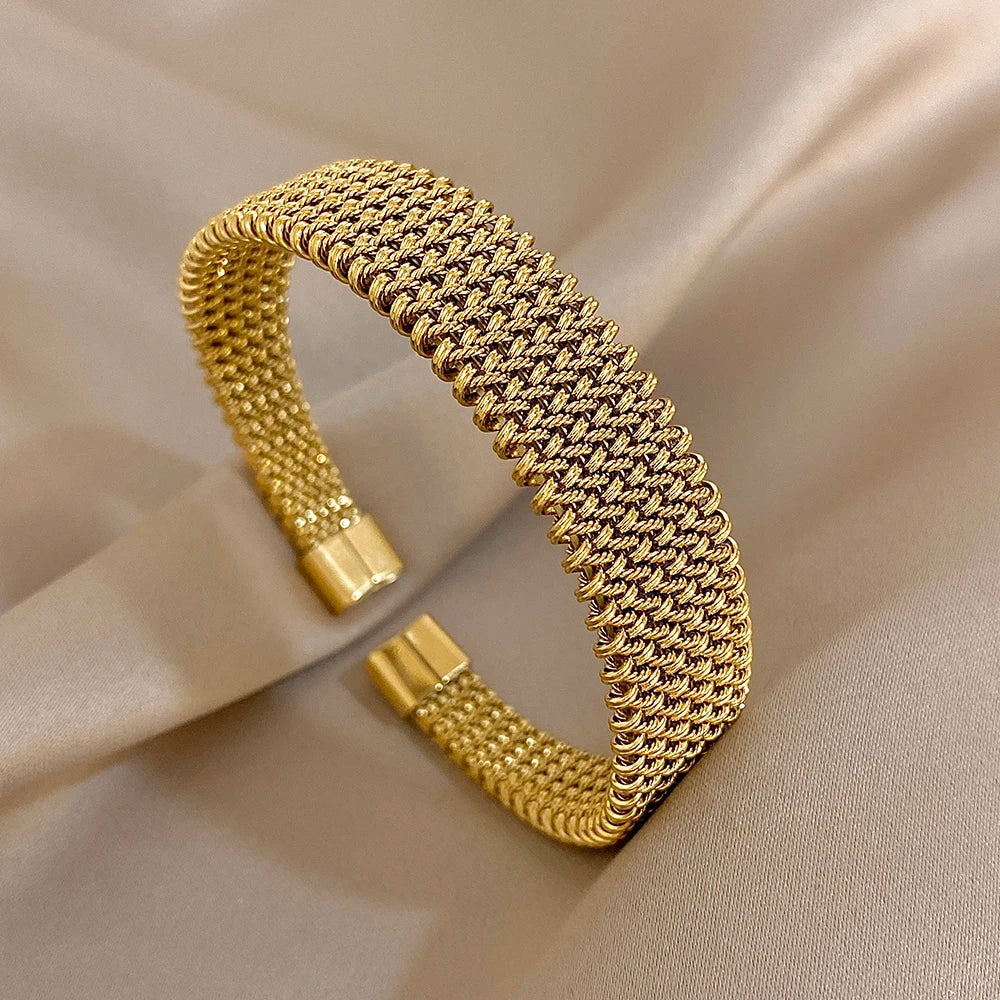 Vintage Golden Stainless Steel Weave Bracelet for Women Men Trendy 5 7 10 14mm Size Chunky Bangle Bracelets Waterproof Jewelry