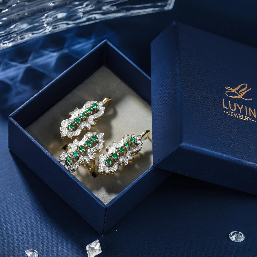 LUYIN Bohimian Style Green Brilliant Design Earrings Ring Set For Woman Copper Plated 14K 2 Color Party Wedding Delicate Gift