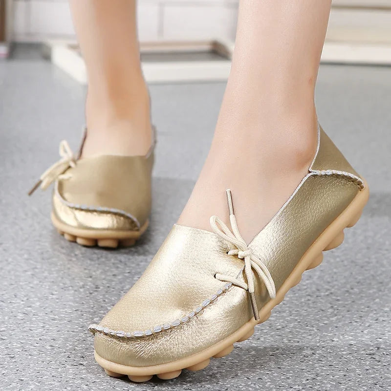 Moccasins Women Flats  Autumn New Woman Loafers Genuine Leather Female Shoes Slip on Ballet Bowtie Women's Shoes Big Size