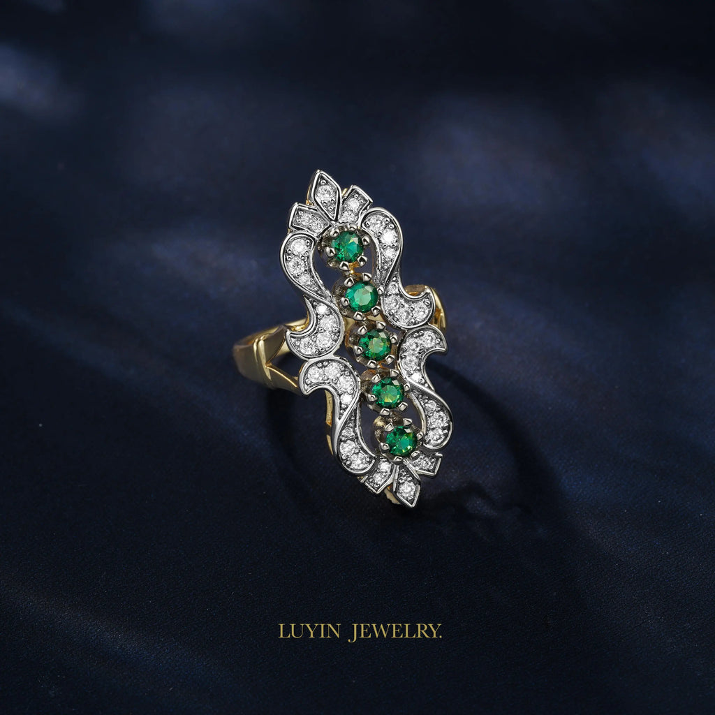 LUYIN Bohimian Style Green Brilliant Design Earrings Ring Set For Woman Copper Plated 14K 2 Color Party Wedding Delicate Gift