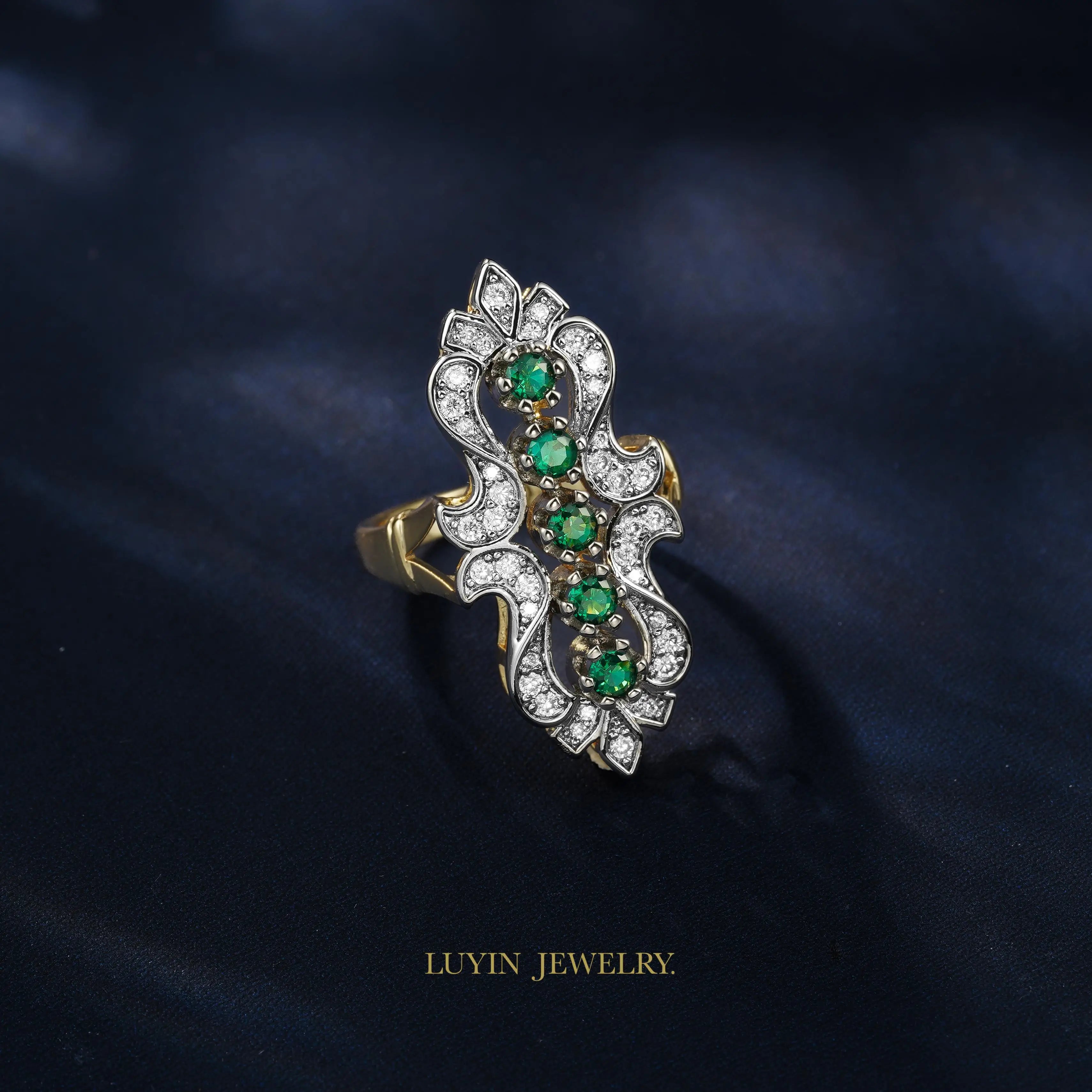 LUYIN Bohimian Style Green Brilliant Design Earrings Ring Set For Woman Copper Plated 14K 2 Color Party Wedding Delicate Gift